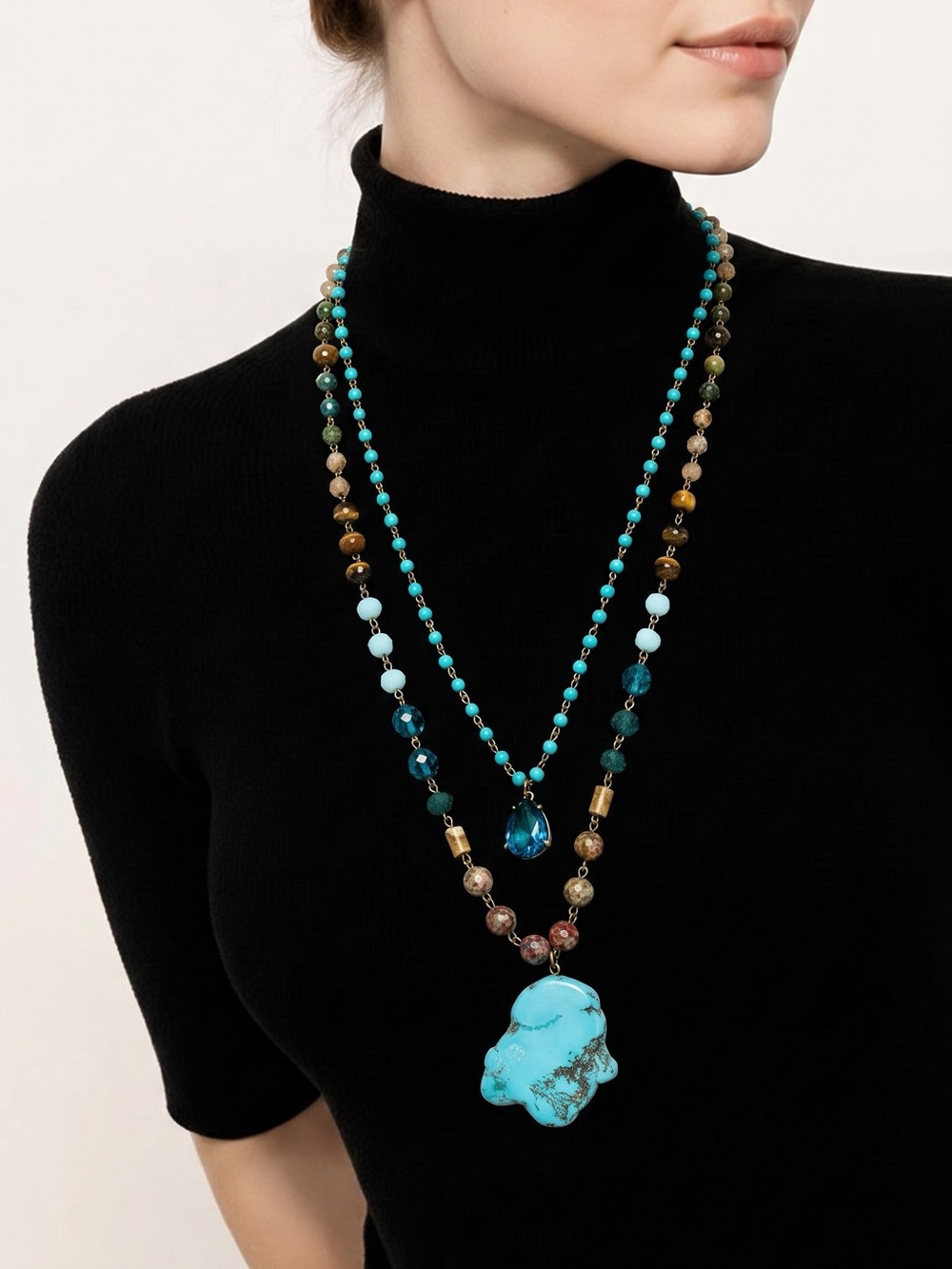 Bohemian Crystal & Turquoise Stone Drop Multi-Bead Necklace NWT